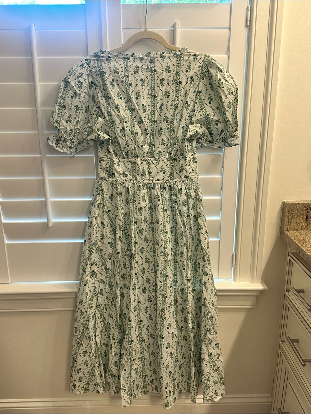 Hill House White Midi Dress with Green Floral Print and Puff Sleeves